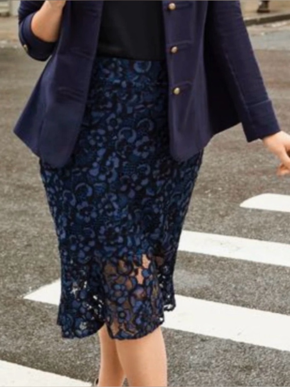 Lane Bryant Black Lace Overlay on Blue Pencil Skirt with Ruffle Hem
